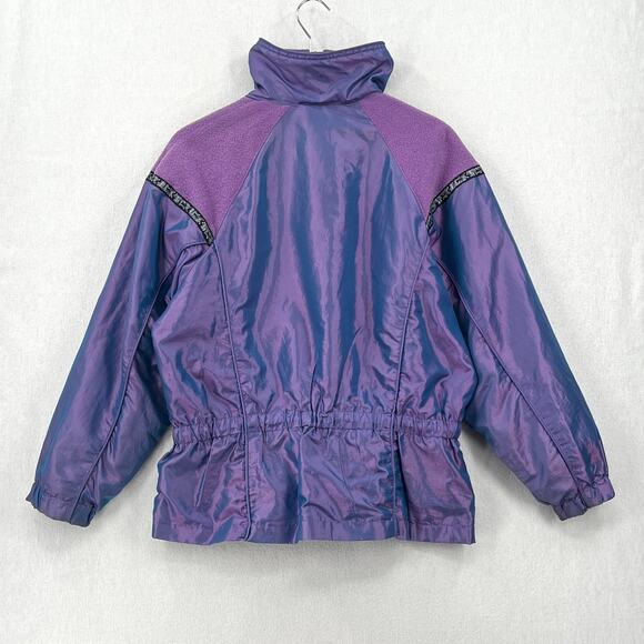 VINTAGE OUTBROOK 80s Windbreaker Jacket Women M Metallic Purple Blue Cinch Waist - Picture 3 of 16